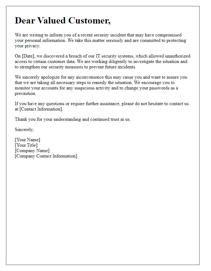 Letter template of IT security breach apology for public relations.