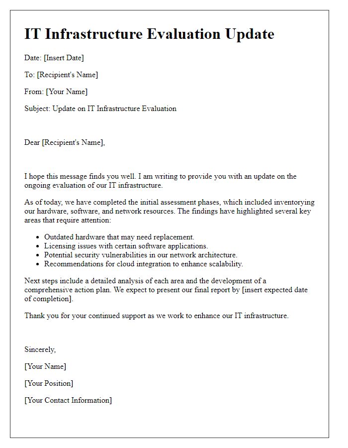 Letter template of IT infrastructure evaluation update