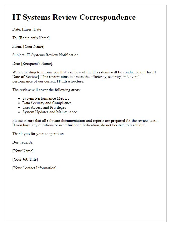 Letter template of IT systems review correspondence