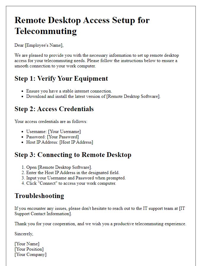 Letter template of remote desktop access setup for telecommuting.