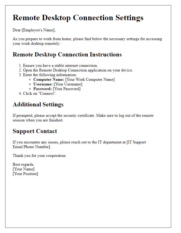 Letter template of remote desktop connection settings for work-from-home.