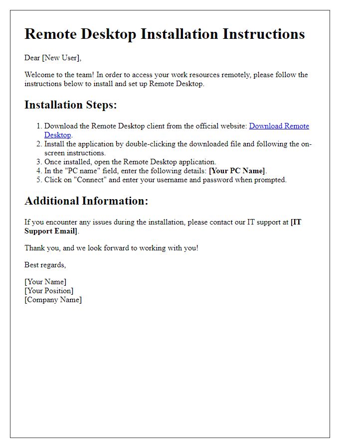 Letter template of remote desktop installation instructions for new users.