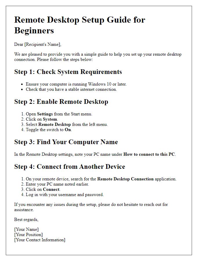 Letter template of remote desktop setup guide for beginners.