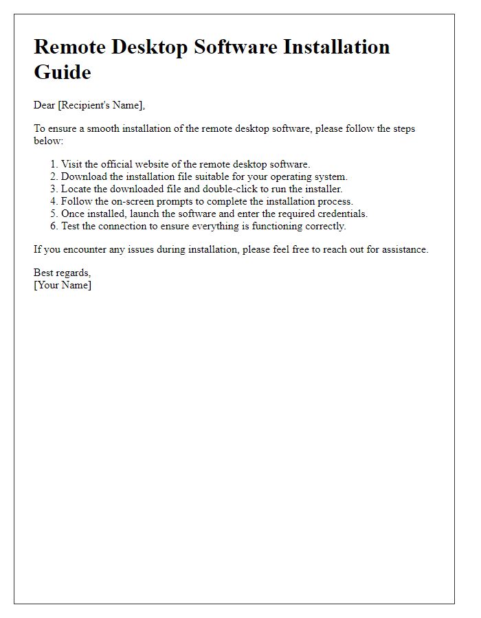 Letter template of remote desktop software installation steps.