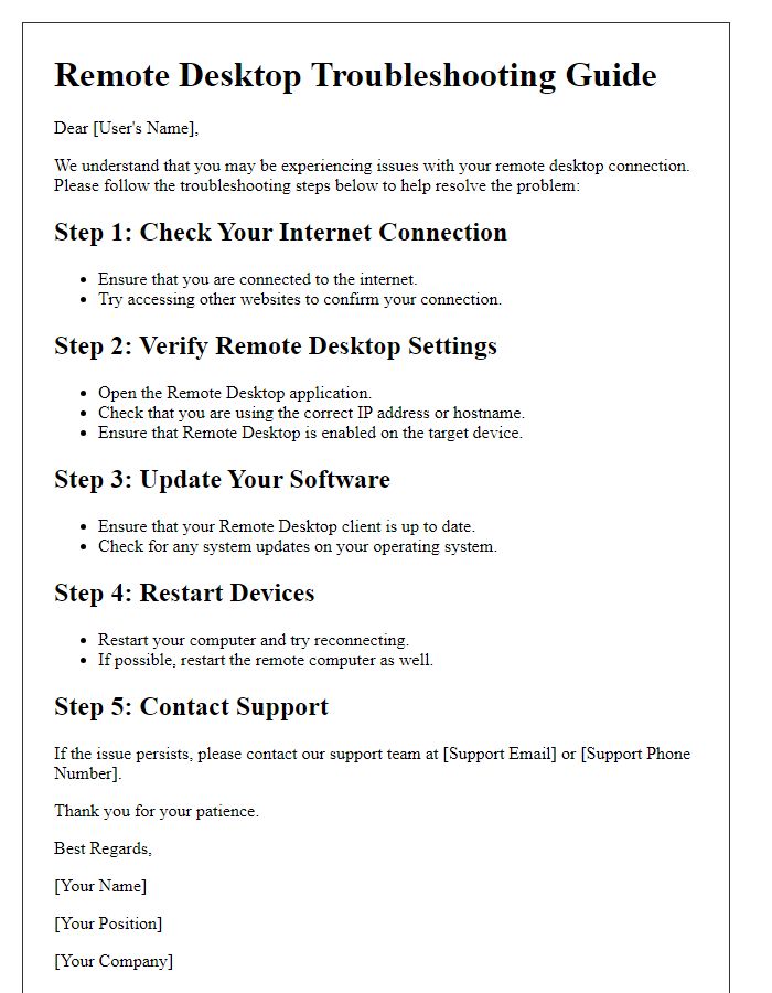 Letter template of remote desktop troubleshooting guide for users.