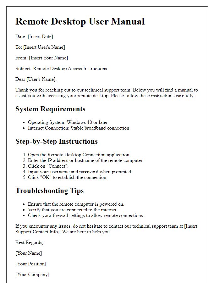 Letter template of remote desktop user manual for technical support.