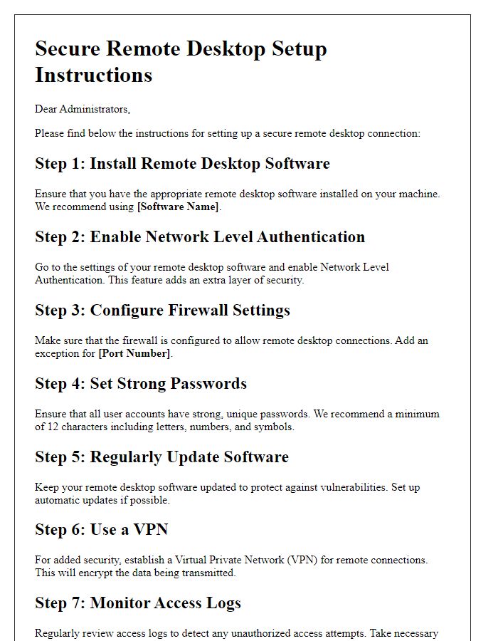 Letter template of secure remote desktop setup instructions for admins.