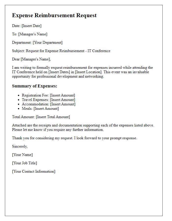 Letter template of expense reimbursement for IT conference