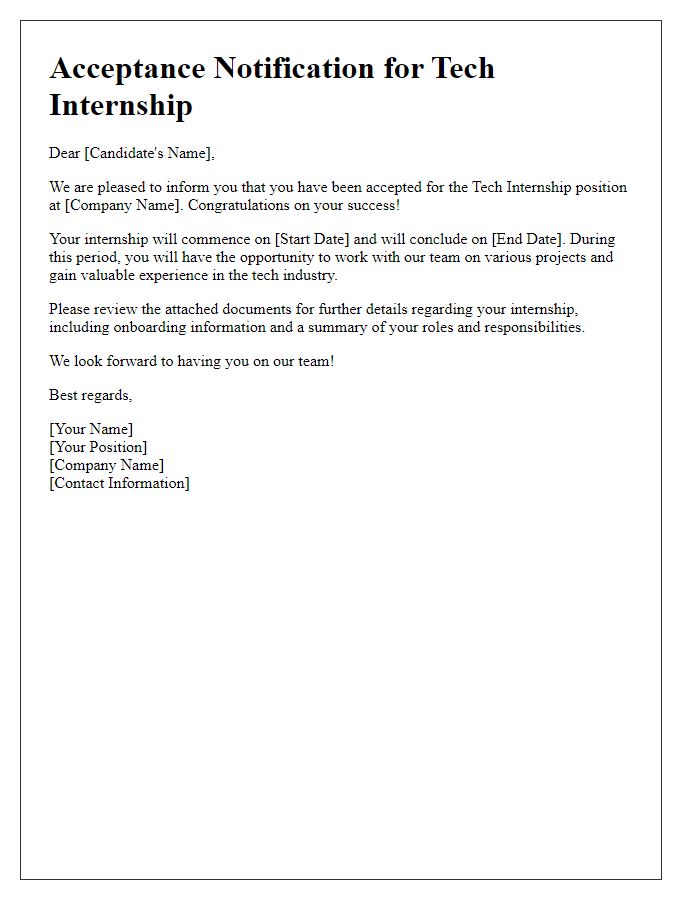 Letter template of Acceptance Notification for Tech Internship