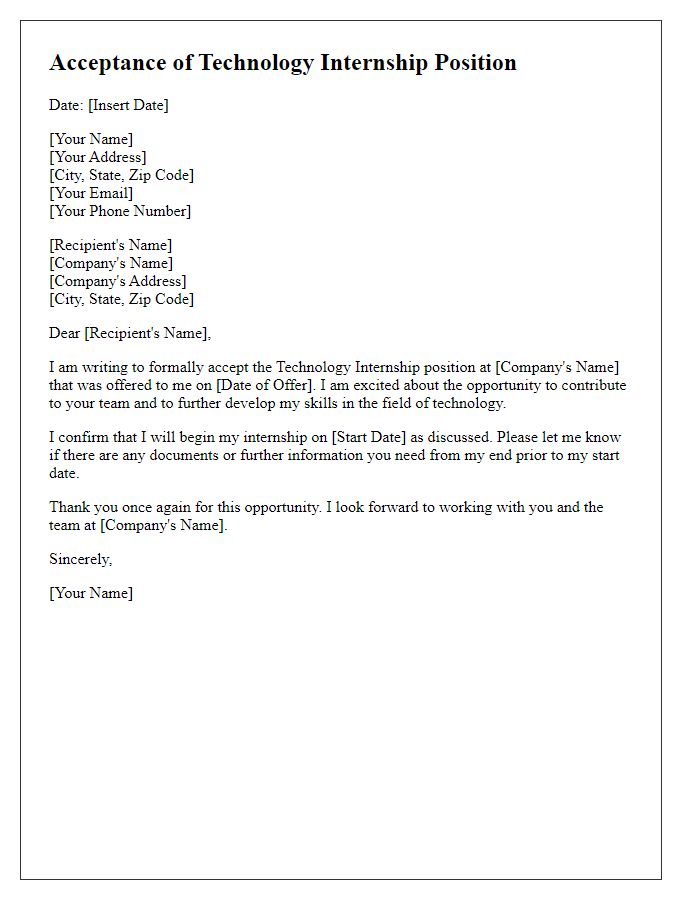 Letter template of Acceptance of Technology Internship Position