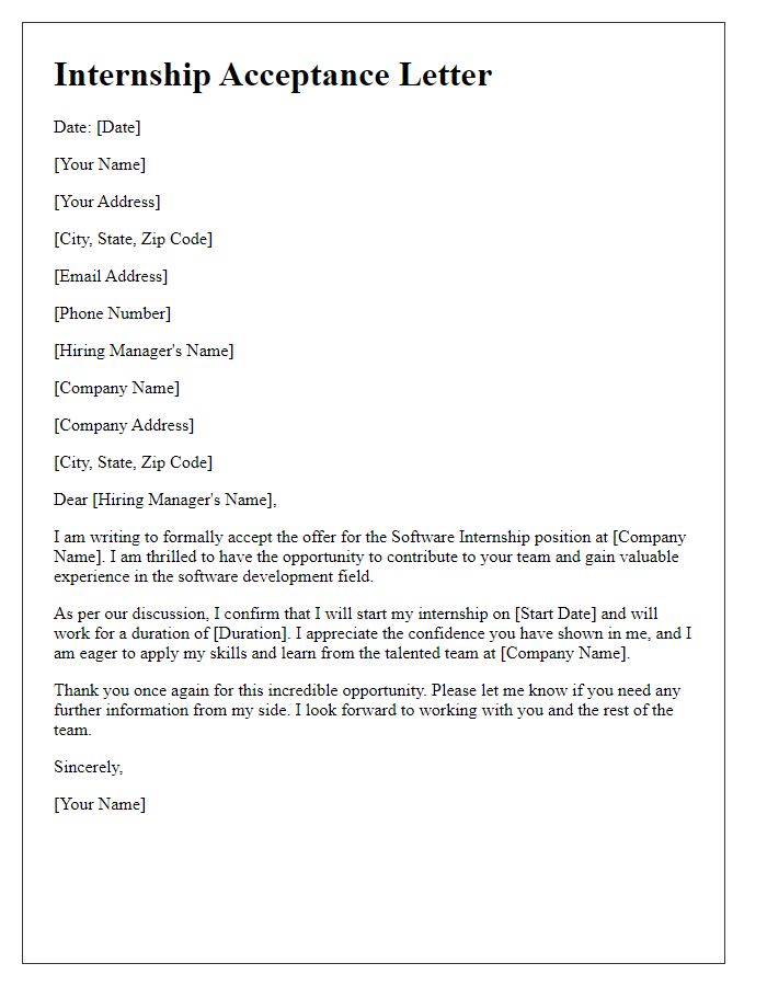Letter template of Acceptance for Software Internship