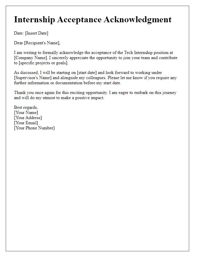 Letter template of Acknowledgment for Tech Internship Acceptance