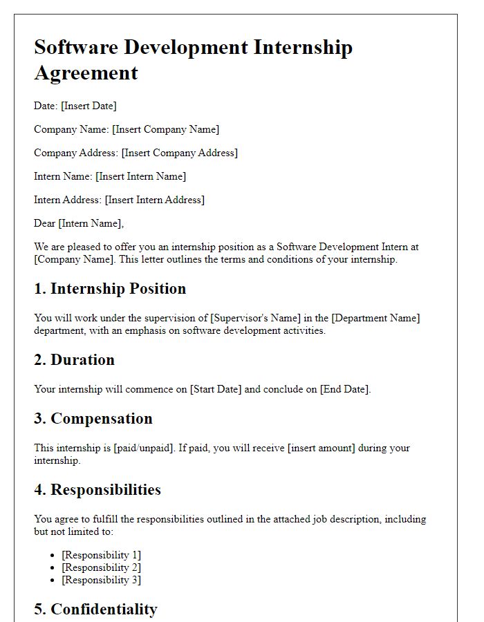 Letter template of Agreement for Software Development Internship