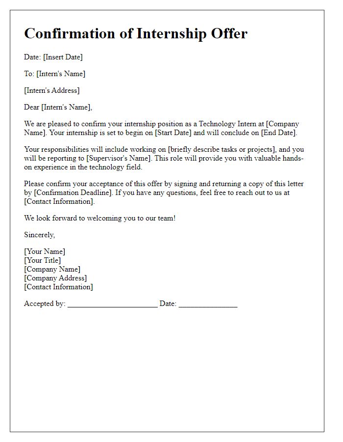 Letter template of Confirmation for Technology Internship Role