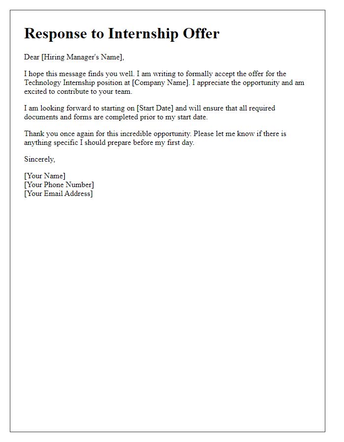 Letter template of Response for Tech Internship Acceptance