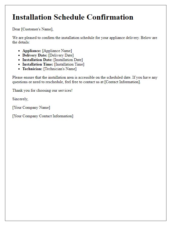 Letter template of installation schedule confirmation for appliance delivery.