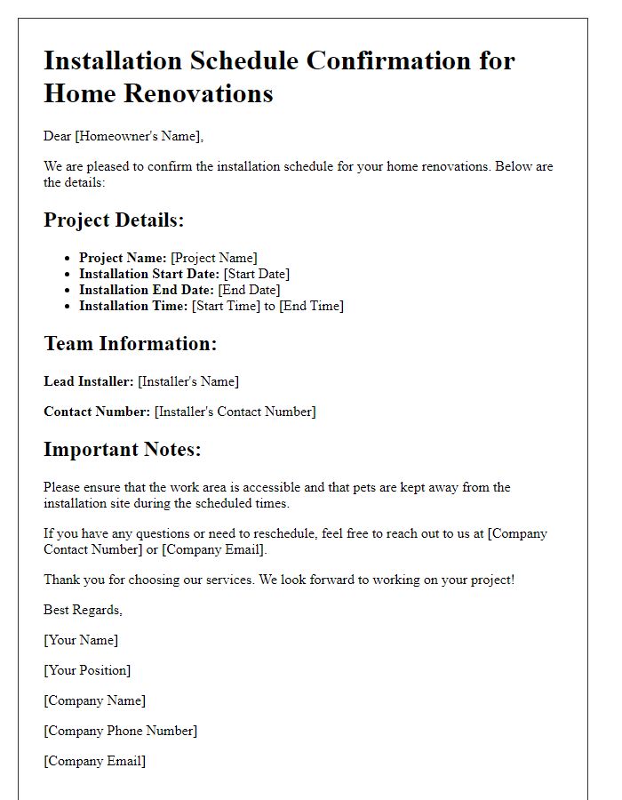 Letter template of installation schedule confirmation for home renovations.