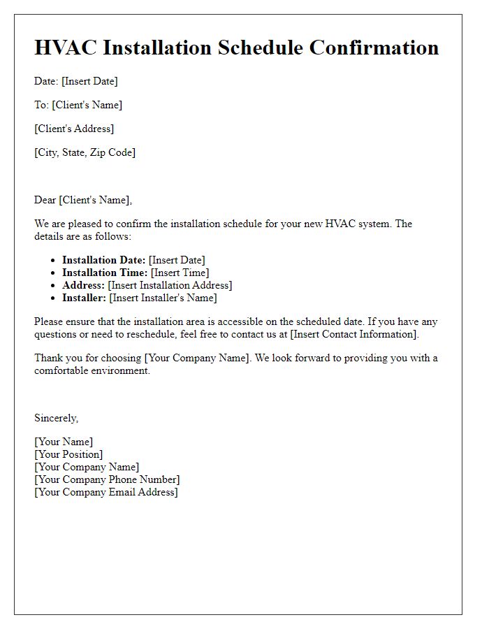 Letter template of installation schedule confirmation for HVAC system.