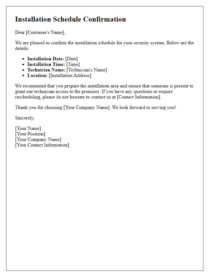 Letter template of installation schedule confirmation for security system installation.