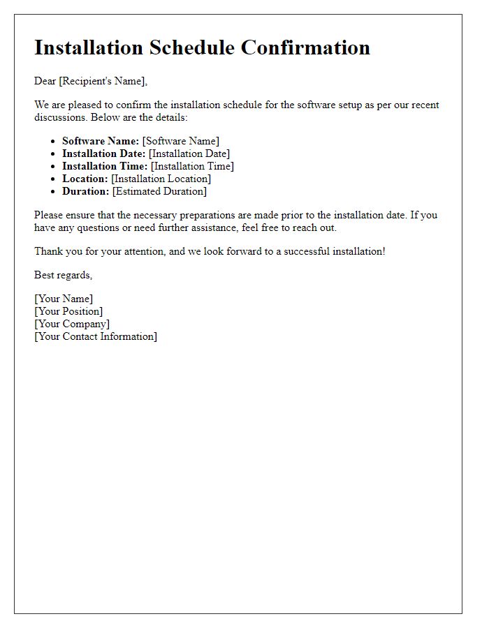 Letter template of installation schedule confirmation for software setup.