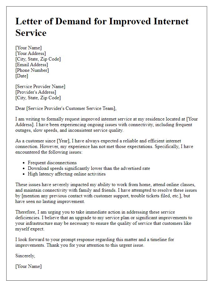 Letter template of demand for improved Internet service