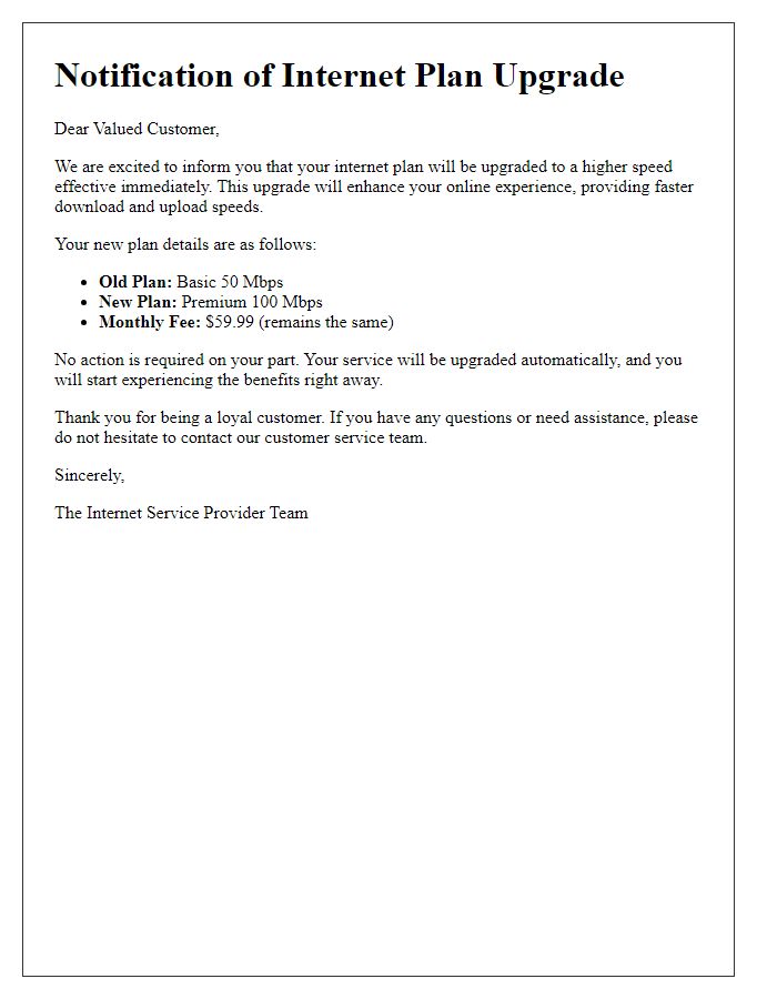 Letter template of notification for Internet plan upgrade