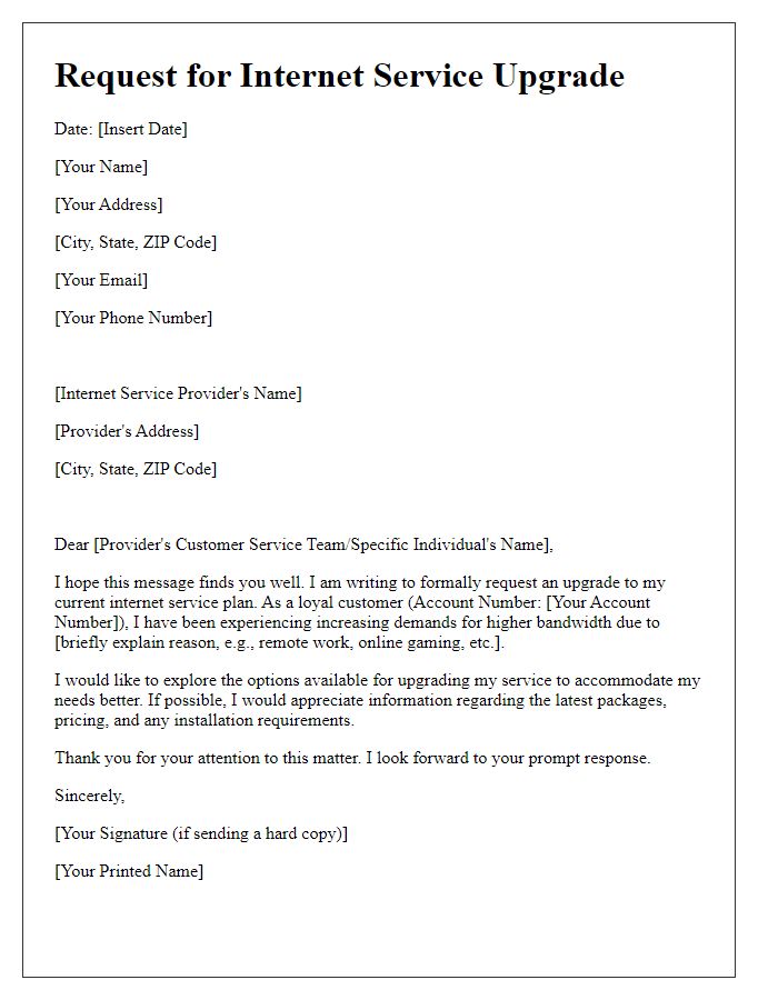 Letter template of request for Internet service upgrade
