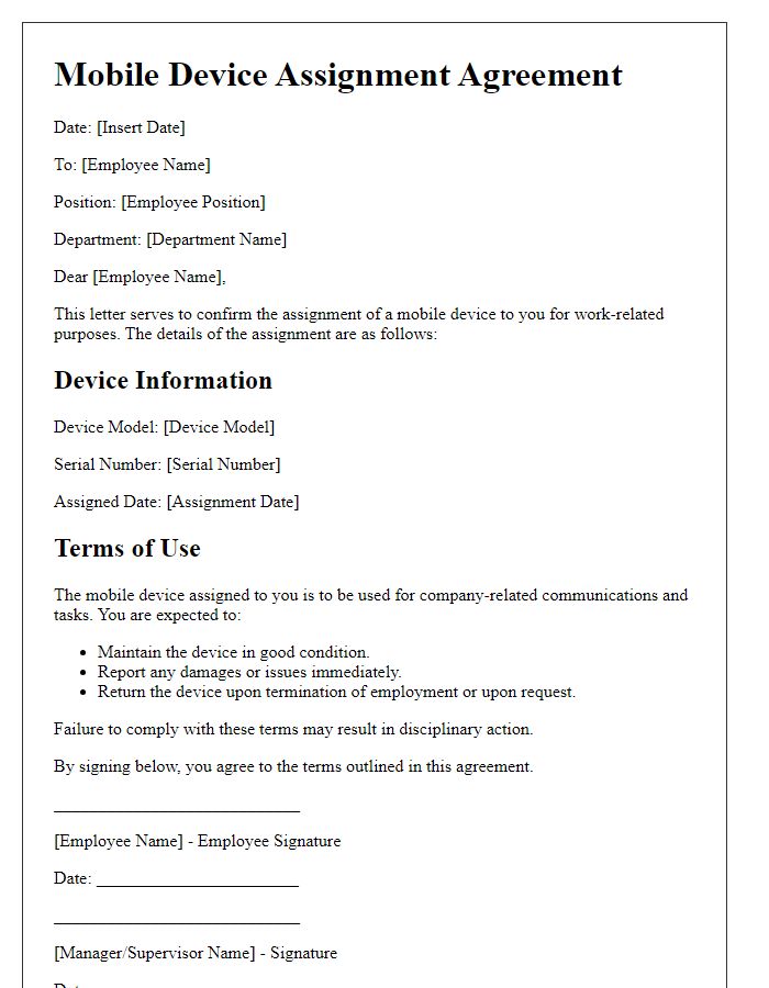 Letter template of mobile device assignment agreement