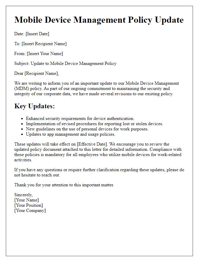 Letter template of mobile device management policy update