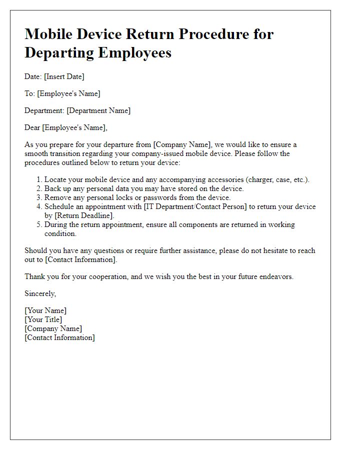 Letter template of mobile device return procedures for departing employees