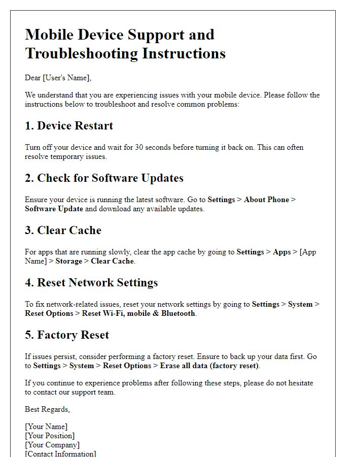 Letter template of mobile device support and troubleshooting instructions