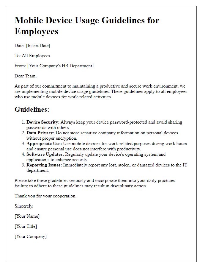 Letter template of mobile device usage guidelines for employees