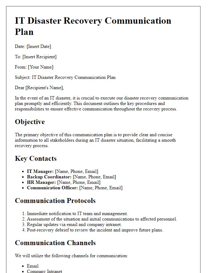 Letter template of IT disaster recovery communication plan