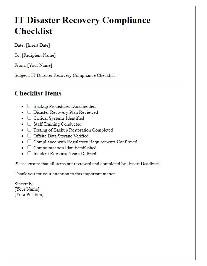 Letter template of IT disaster recovery compliance checklist