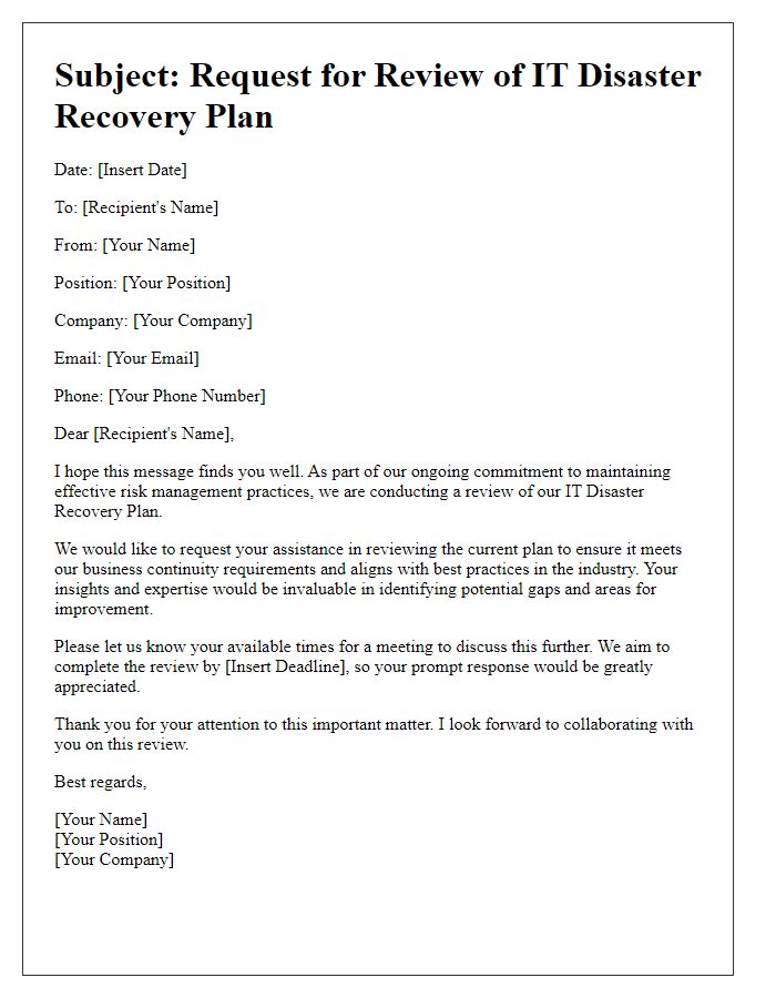 Letter template of IT disaster recovery plan review request