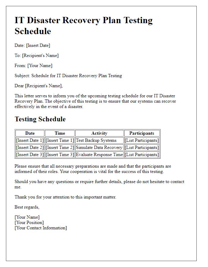 Letter template of IT disaster recovery plan testing schedule