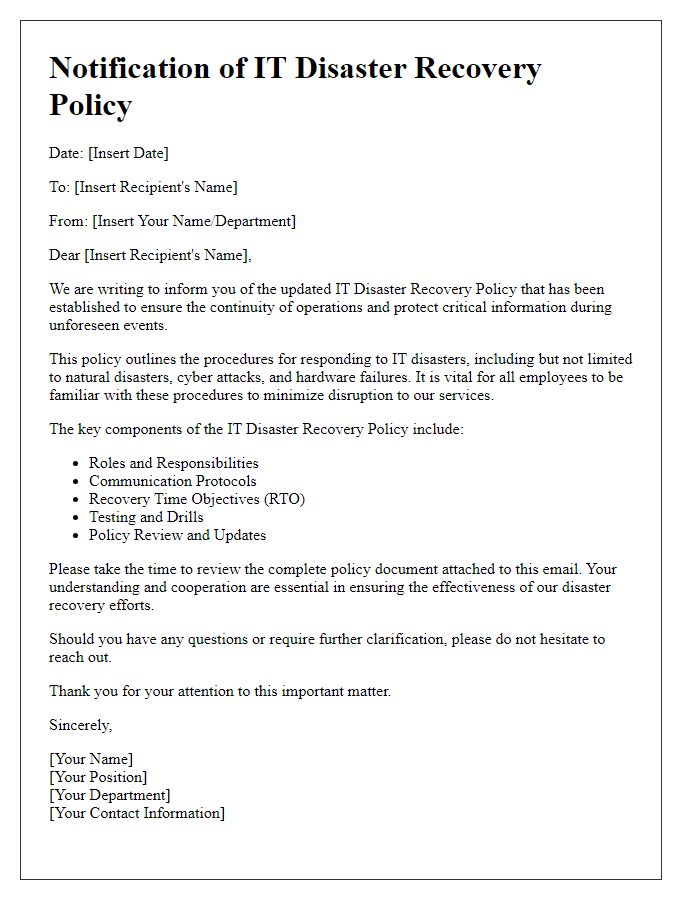 Letter template of IT disaster recovery policy notification