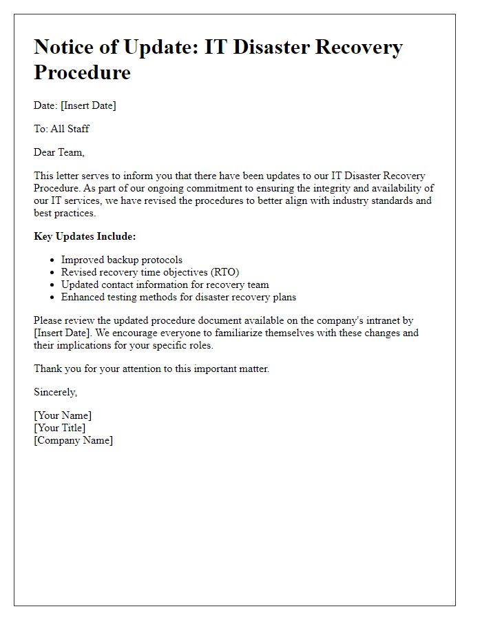 Letter template of IT disaster recovery procedure update