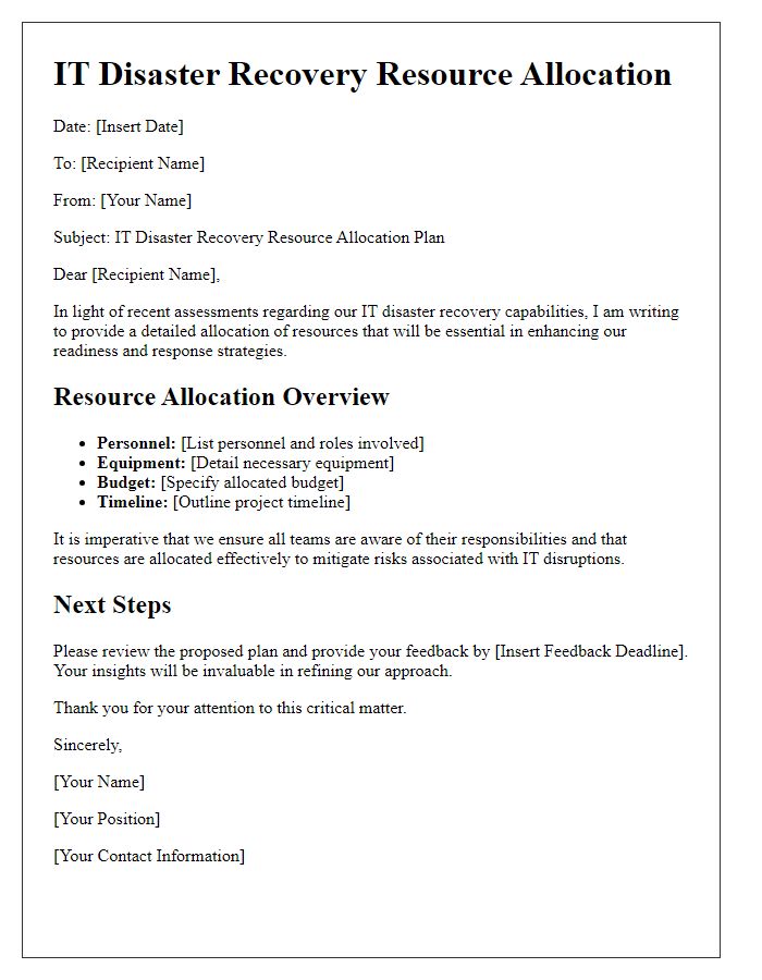 Letter template of IT disaster recovery resource allocation