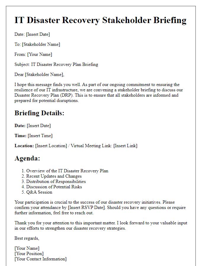 Letter template of IT disaster recovery stakeholder briefing