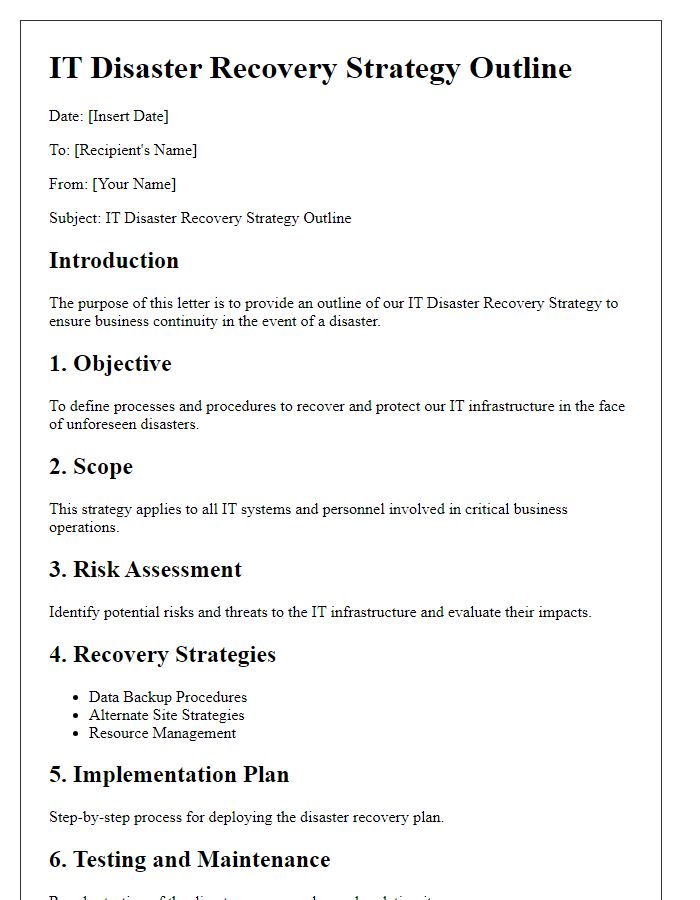 Letter template of IT disaster recovery strategy outline