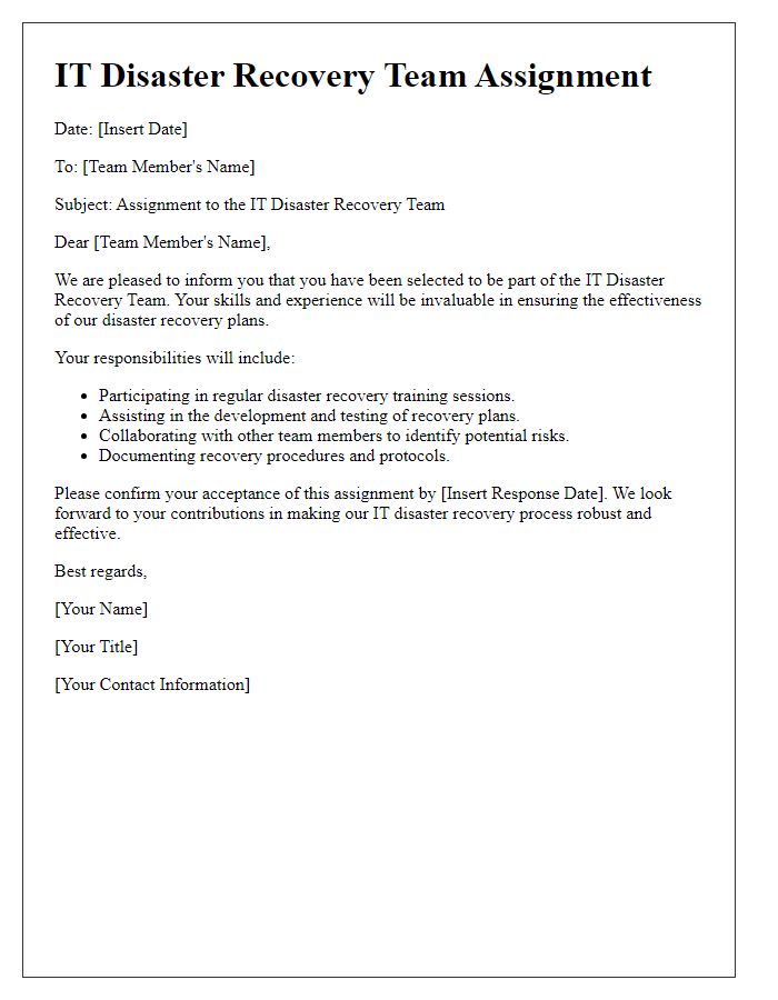 Letter template of IT disaster recovery team assignment