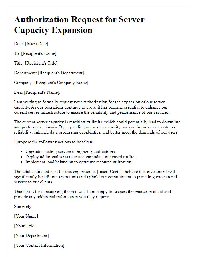 Letter template of authorization request for server capacity expansion to enhance reliability.