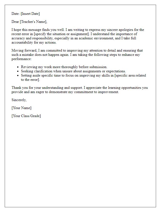 Letter template of commitment to improvement to a teacher after an error.