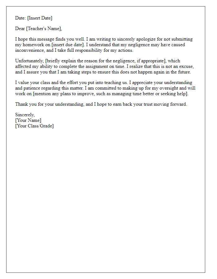 Letter template of sincere apology to a teacher for homework negligence.