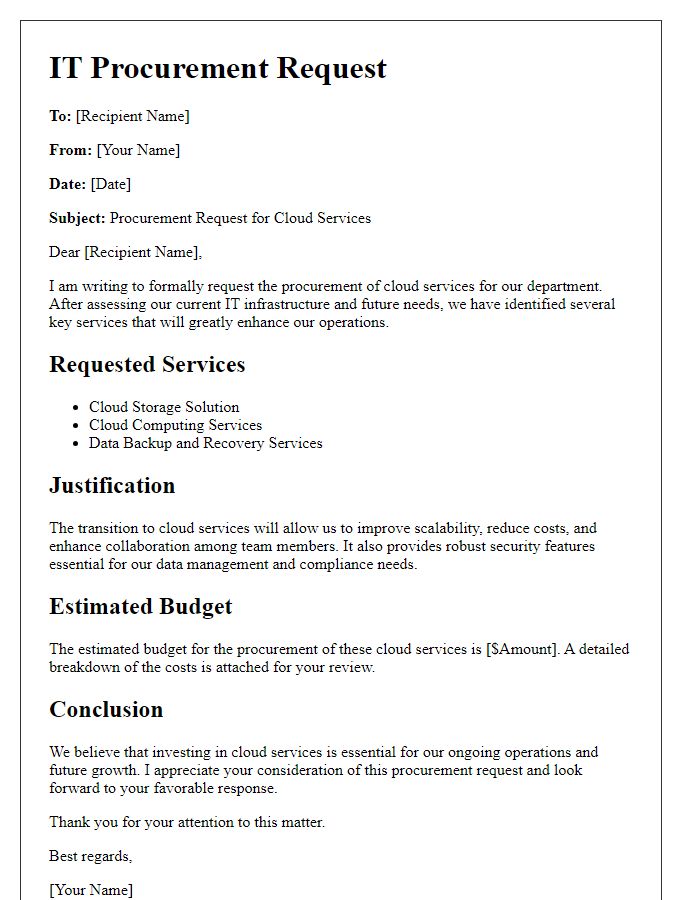 Letter template of IT procurement request for cloud services