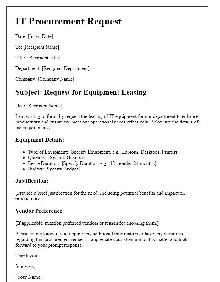 Letter template of IT procurement request for equipment leasing