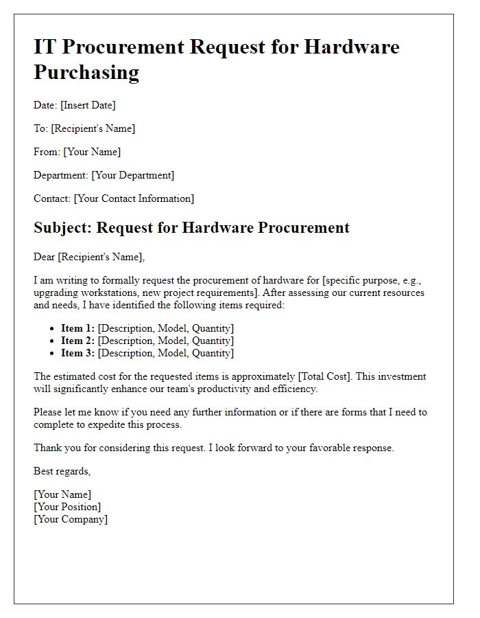 Letter template of IT procurement request for hardware purchasing