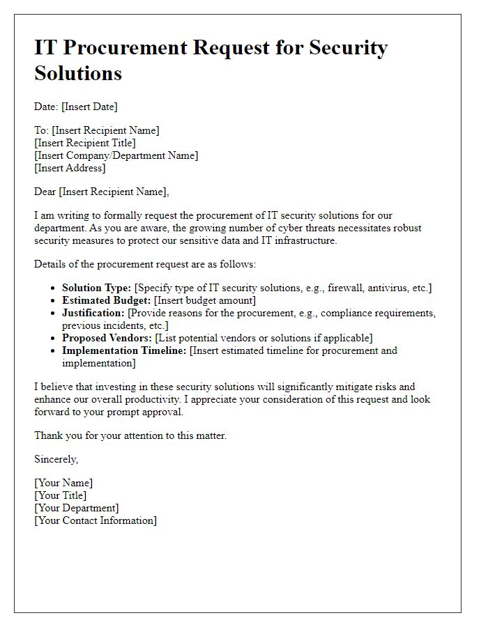 Letter template of IT procurement request for IT security solutions