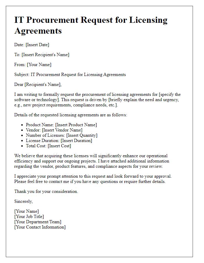 Letter template of IT procurement request for licensing agreements